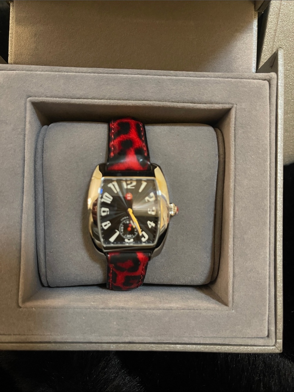 Michele Woman’s Watch red leopard wrist band Brand New with Original Box Black
